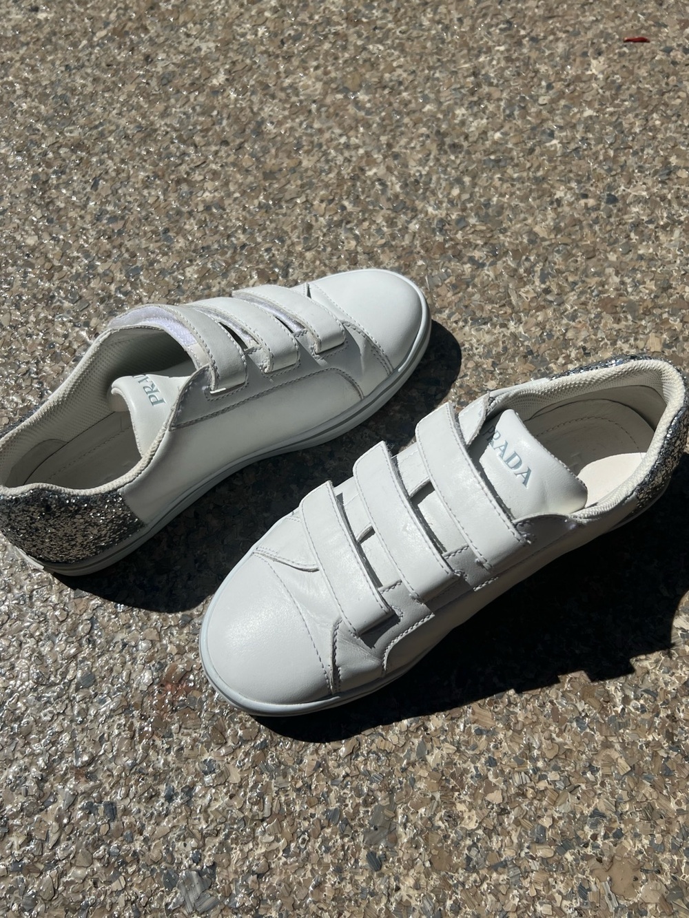 PRADA White Kids Leather Sneakers with Silver Glitter Heel - Picture 5 of 10